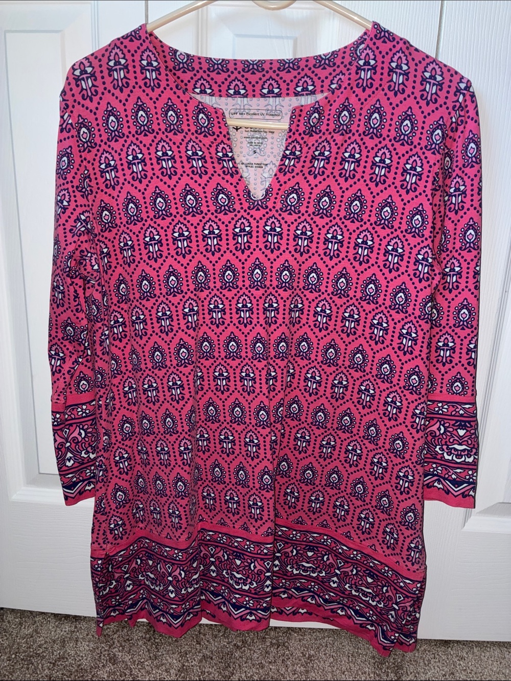 Coolibar Pink Printed V-Neck Tunic with Navy & White Motif